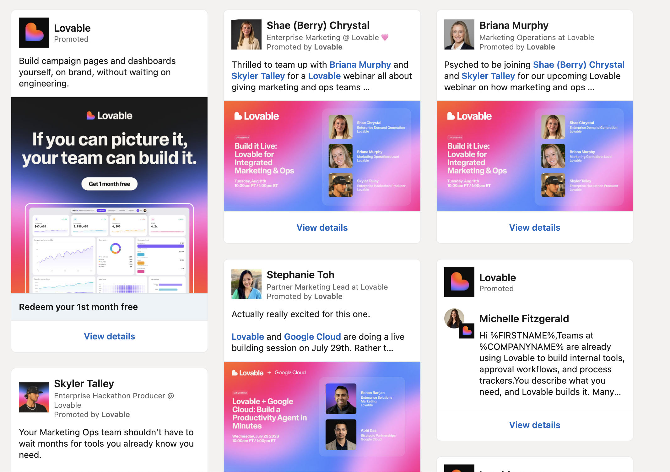 Lovable's LinkedIn ads: boosted employee posts promoting Build it Live webinars and a Google Cloud session